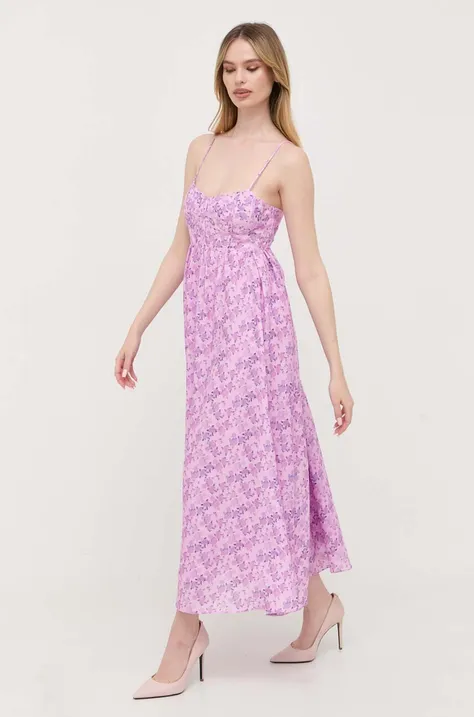 Bardot sukienka kolor fioletowy maxi rozkloszowana