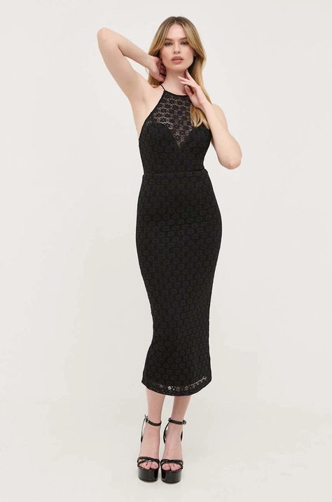 Bardot rochie culoarea negru, midi, mulata