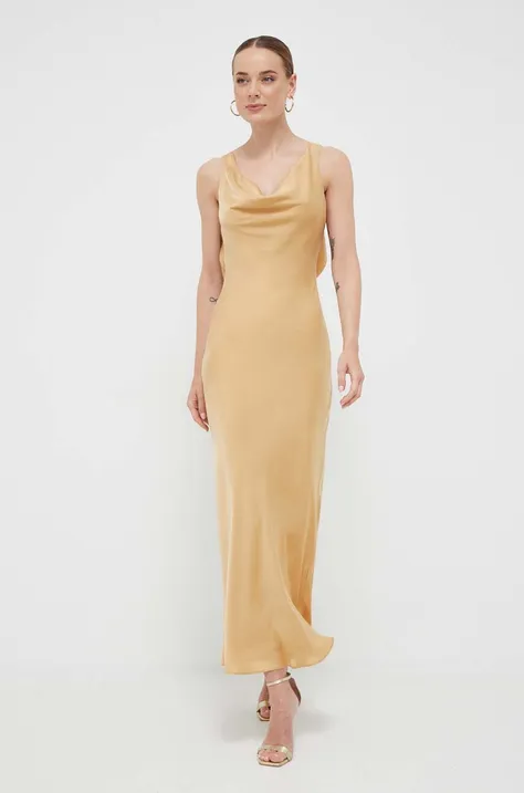 Bardot sukienka kolor beżowy maxi dopasowana