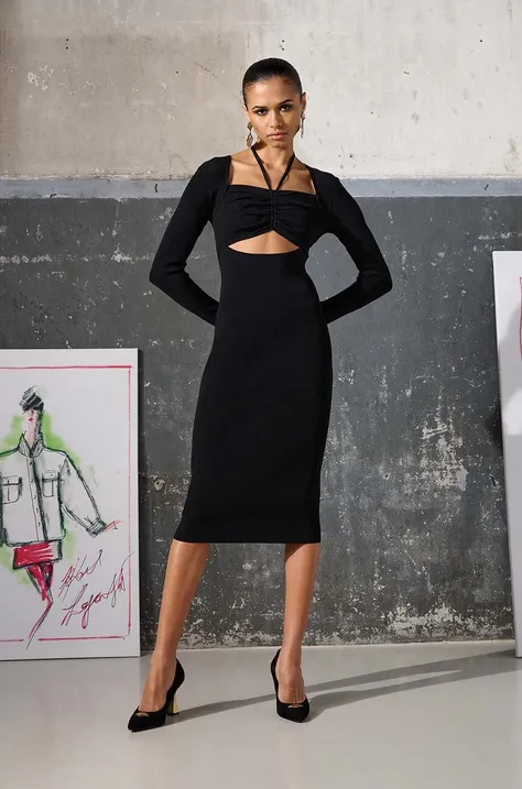 Рокля Karl Lagerfeld KL x Ultimate icon в черно среднодълъг модел с кройка по тялото