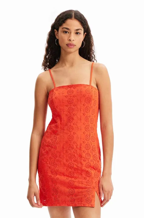 Pamučna haljina Desigual boja: narančasta, mini, uska