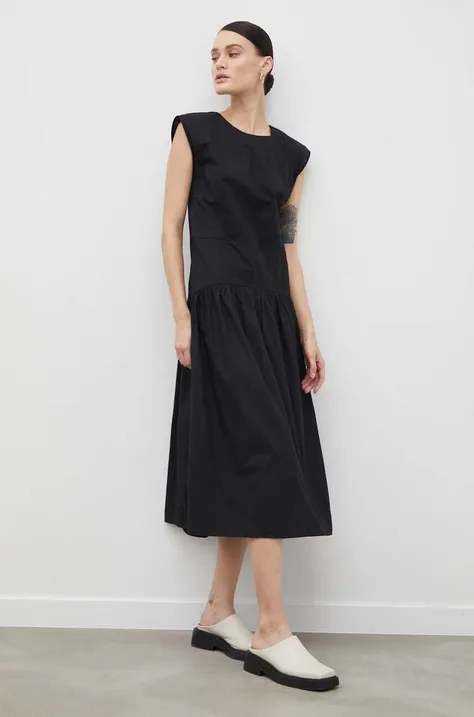 Pamučna haljina 2NDDAY boja: crna, midi, širi se prema dolje