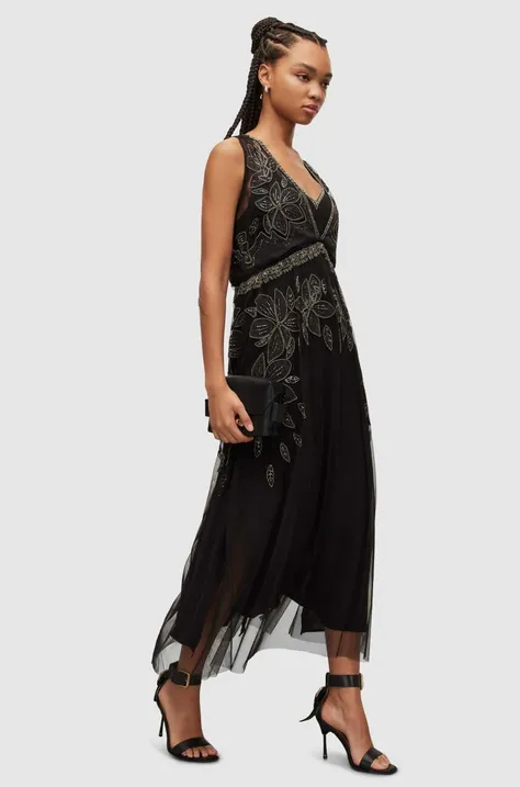 Haljina AllSaints boja: crna, mini, širi se prema dolje