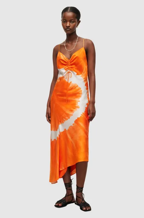 Šaty s prímesou hodvábu AllSaints oranžová farba, maxi, priliehavá
