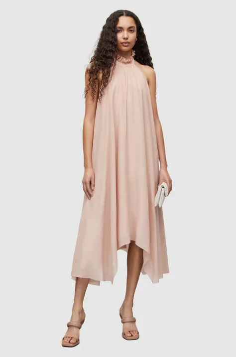 Svilena haljina AllSaints boja: ružičasta, midi, širi se prema dolje