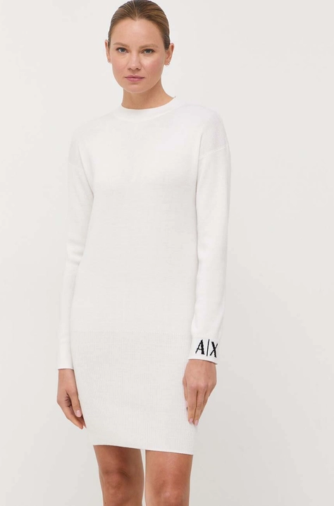 Vlněné šaty Armani Exchange béžová barva, midi