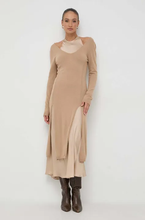Twinset sukienka z domieszką wełny kolor brązowy maxi rozkloszowana