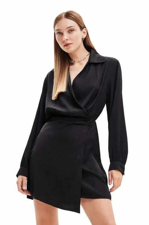 Φόρεμα Desigual 23WWVWAI WOMAN WOVEN DRESS LONG SLEEVE χρώμα: μαύρο