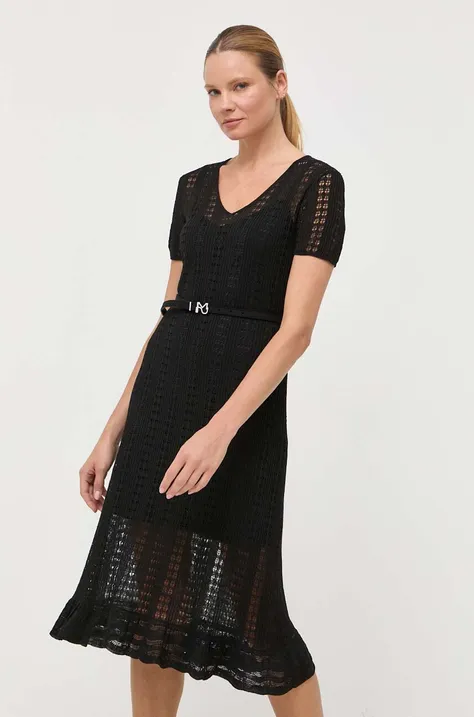 Lanena haljina Miss Sixty boja: crna, midi, širi se prema dolje