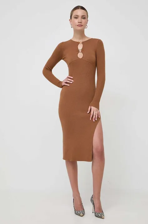 Шерстяное платье Pinko цвет коричневый midi облегающее