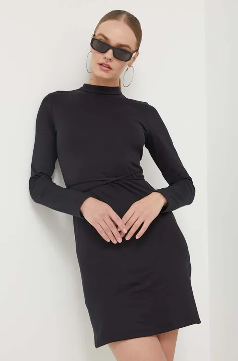 Pamučna haljina HUGO boja: crna, mini, uska