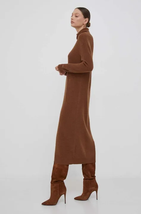 Vlněné šaty Tommy Hilfiger hnědá barva, midi, oversize, WW0WW39925