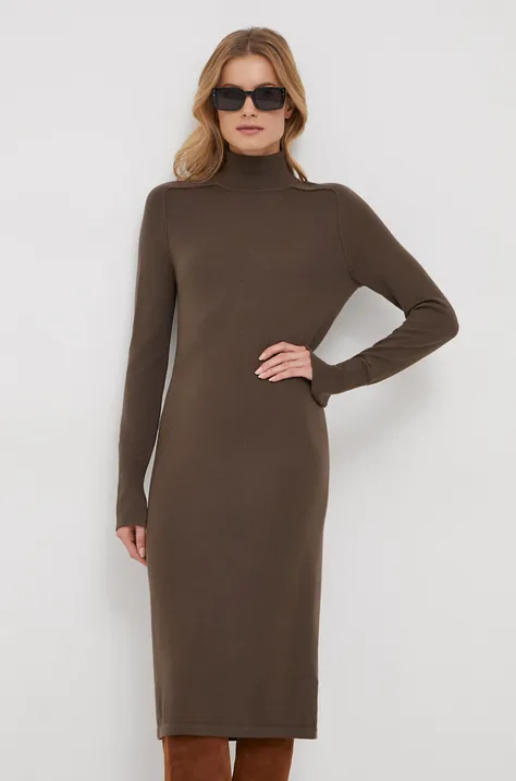 Calvin Klein sukienka wełniana kolor brązowy midi prosta