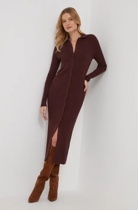 Šaty s prímesou vlny Calvin Klein bordová farba, midi, priliehavá