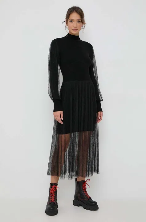 Šaty s prímesou vlny Twinset čierna farba, maxi, áčkový strih