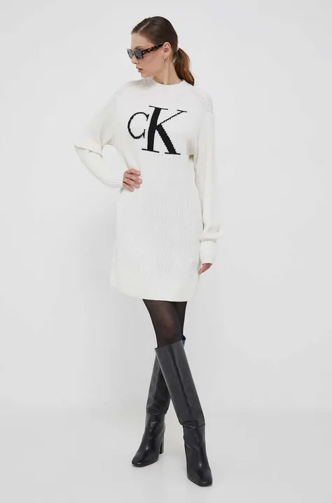 Calvin Klein Jeans sukienka bawełniana kolor beżowy midi prosta