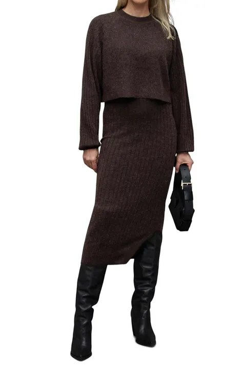 Šaty a sveter AllSaints MARGOT hnedá farba, midi, rovný strih