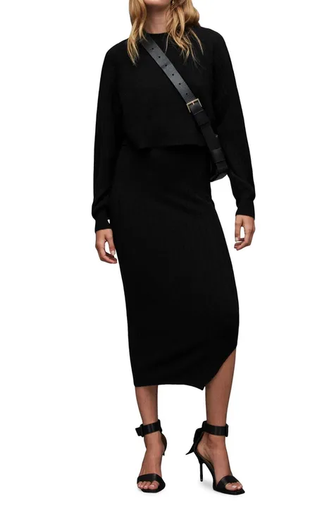 Šaty a sveter AllSaints MARGOT čierna farba, midi, rovný strih