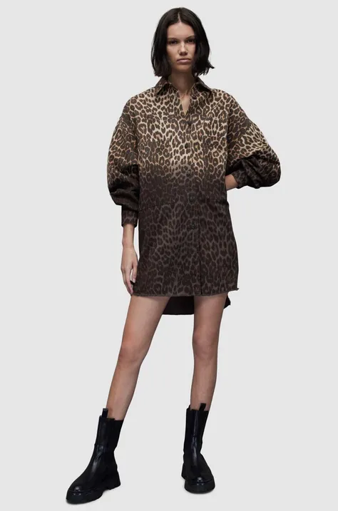 AllSaints sukienka bawełniana LILY LEPPO SHACKET D kolor brązowy mini oversize