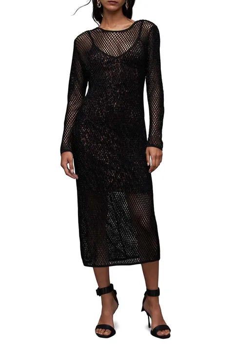 Šaty AllSaints Rosalie čierna farba, midi, rovný strih