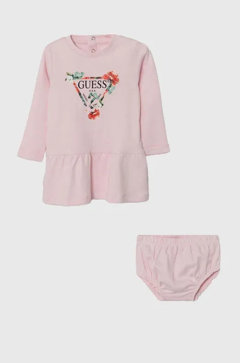 Pamučna haljina za bebe Guess boja: ružičasta, mini, širi se prema dolje