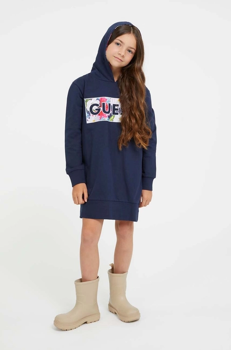 Guess rochie din bumbac pentru copii culoarea albastru marin, mini, drept