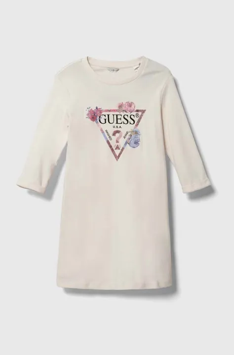 Dječja pamučna haljina Guess boja: bež, midi, ravna