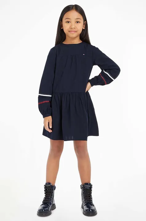 Dječja pamučna haljina Tommy Hilfiger boja: tamno plava, mini, širi se prema dolje