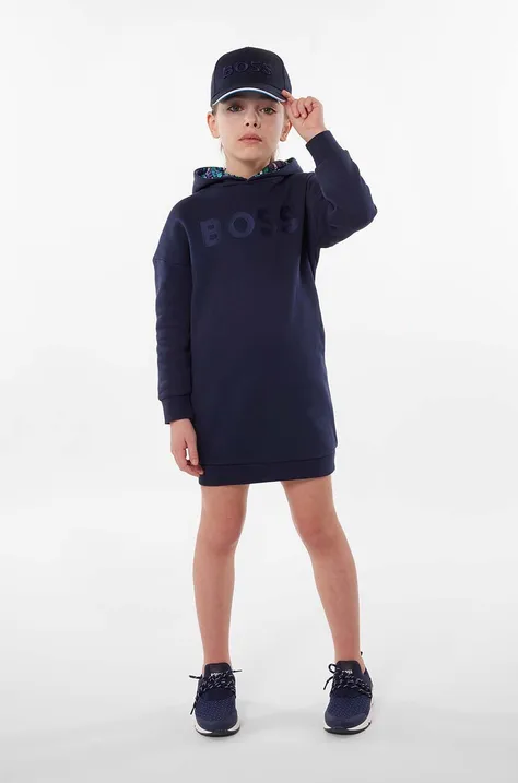 Dječja haljina BOSS boja: tamno plava, mini, ravna
