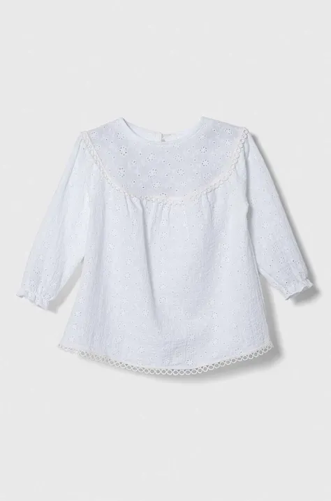 Pamučna haljina za bebe Jamiks boja: bijela, midi, širi se prema dolje