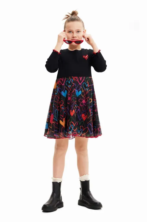 Dječja pamučna haljina Desigual boja: crna, mini, širi se prema dolje