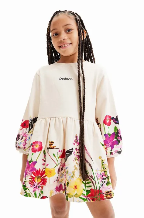 Dievčenské bavlnené šaty Desigual biela farba, mini, áčkový strih