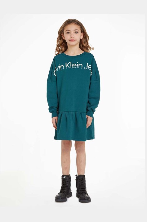 Dievčenské bavlnené šaty Calvin Klein Jeans zelená farba, mini, áčkový strih
