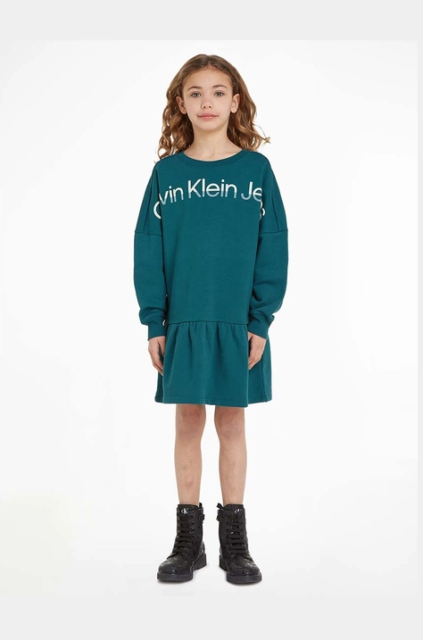 Calvin Klein Jeans rochie din bumbac pentru copii culoarea verde, mini, evazati