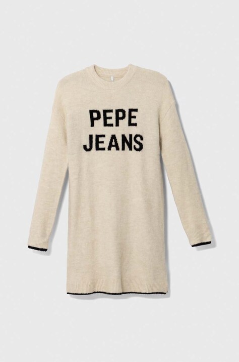 Pepe Jeans rochie din amestec de lână pentru copii culoarea bej, mini, oversize