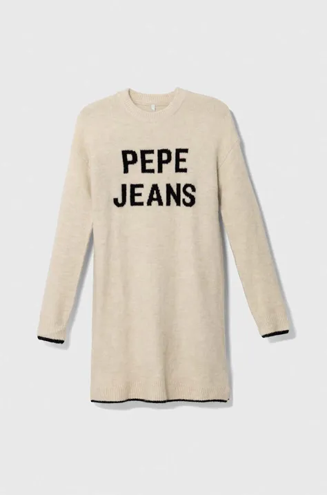 Dievčenské šaty s prímesou vlny Pepe Jeans béžová farba, mini, oversize