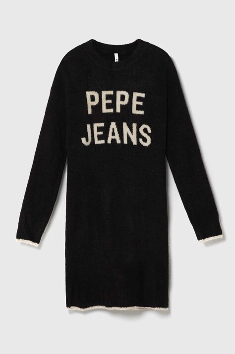 Детска рокля с вълна Pepe Jeans в черно къса с уголемена кройка