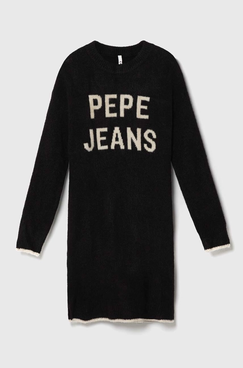 Dievčenské šaty s prímesou vlny Pepe Jeans čierna farba, mini, oversize