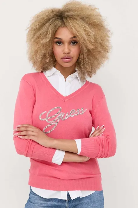 Vuneni pulover Guess za žene, boja: ružičasta