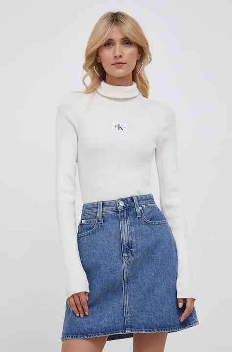 Calvin Klein Jeans pulover femei, culoarea bej, cu guler