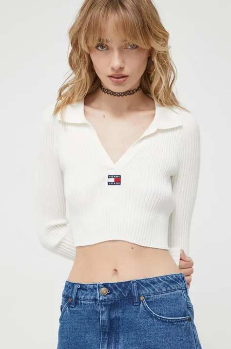 Пуловер Tommy Jeans дамски в бяло от лека материя