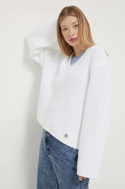 Βαμβακερό πουλόβερ HUGO χρώμα: άσπρο
