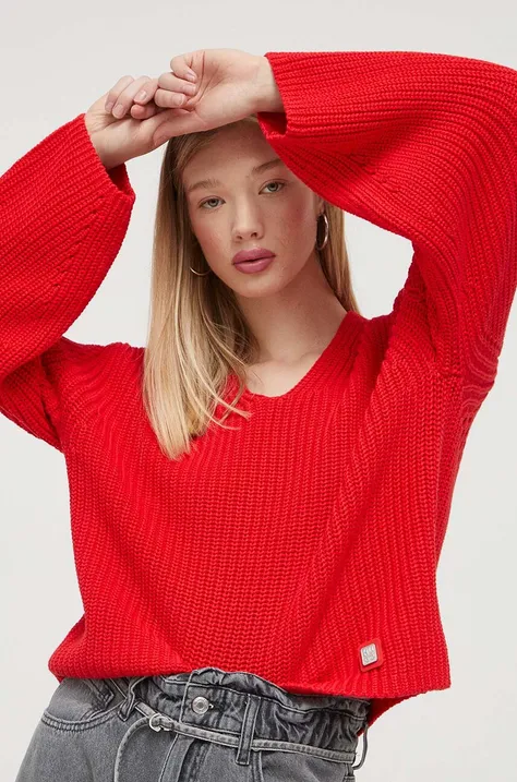 Бавовняний светр HUGO колір червоний теплий