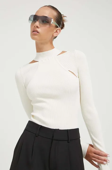 HUGO sweter damski kolor beżowy lekki z półgolfem