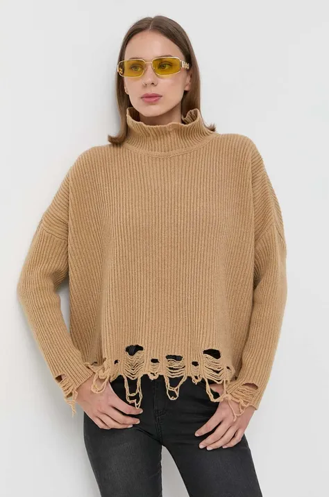 Vuneni pulover Pinko za žene, boja: smeđa, s dolčevitom