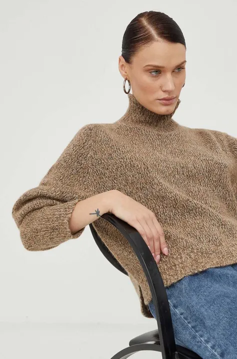 Drykorn sweter z domieszką wełny damski kolor brązowy z półgolfem