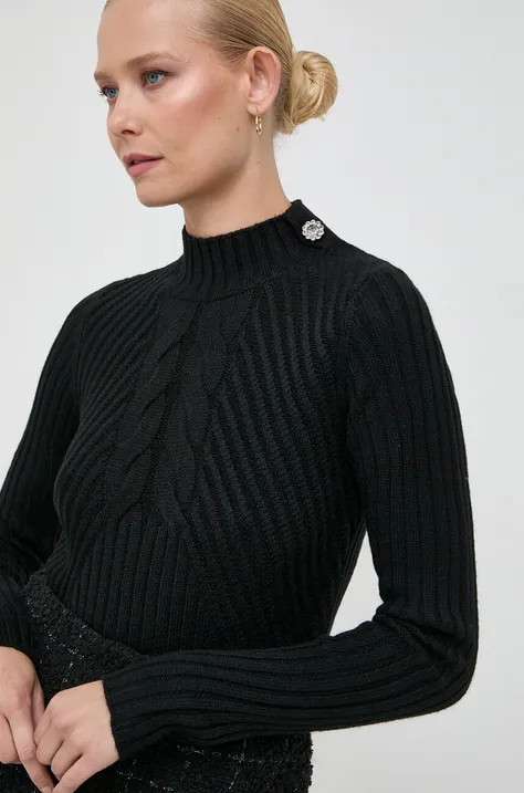 Пуловер с вълна Liu Jo дамски в черно с ниско поло