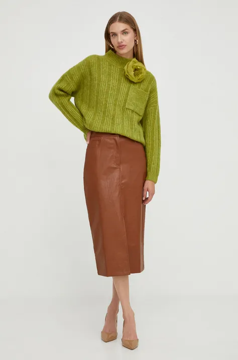 Vlnený sveter Custommade dámsky, zelená farba, teplý, s polorolákom