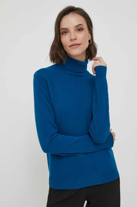 United Colors of Benetton sweter wełniany damski kolor niebieski lekki z golfem