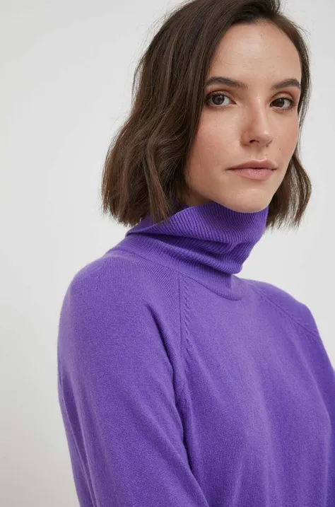 Пуловер с вълна United Colors of Benetton дамски в лилаво от лека материя с поло